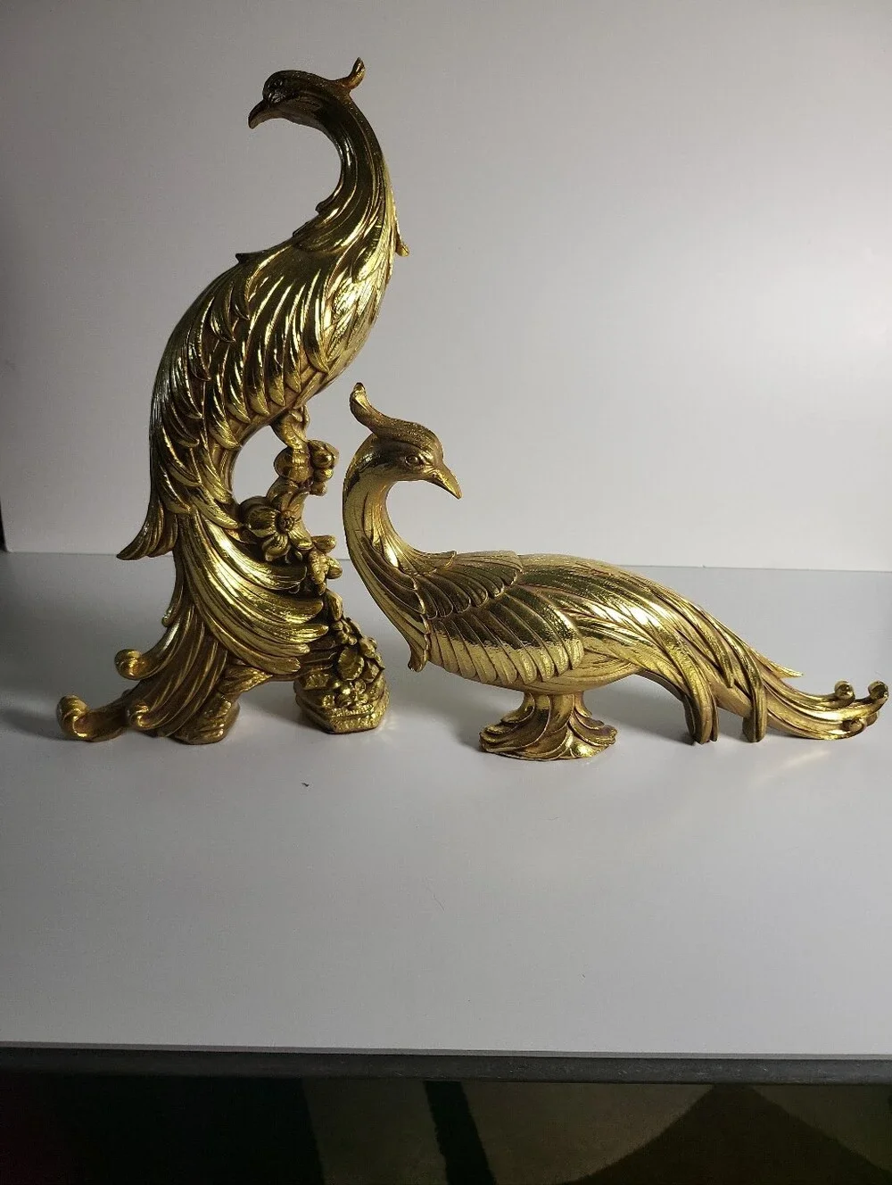 Vintage Syroco Gold Pheasants Birds Figurine Pair USA Peacock Hollywood Regency